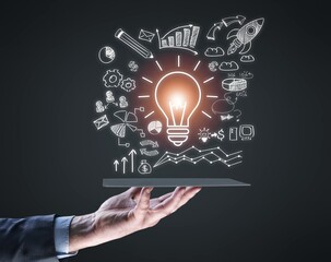 Businessman hand and analytics symbols illustration