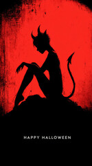 Female Devil silhouette against red background. Happy Halloween. Demon, Devil. Monster poster. Card. Banner. Wallpaper.