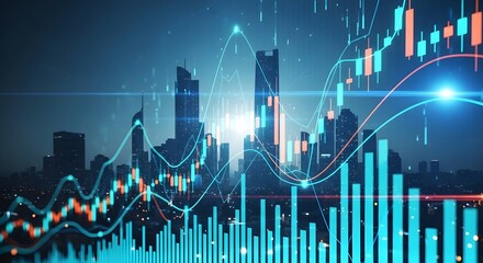 Futuristic cityscape with glowing stock market candlestick charts and digital data overlays
