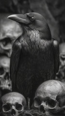 Fototapeta premium Eerie raven perched amidst haunting skulls in a shadowy setting