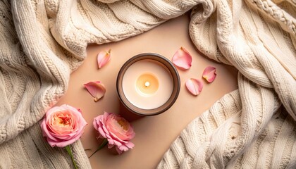 Relaxing candlelit setup with roses cozy indoor space aesthetic still life warm lighting serene ambiance