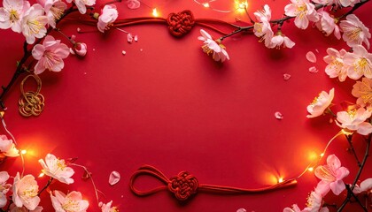 Celebrating lunar new year with floral decorations red background digital art festive atmosphere close-up view cultural significance
