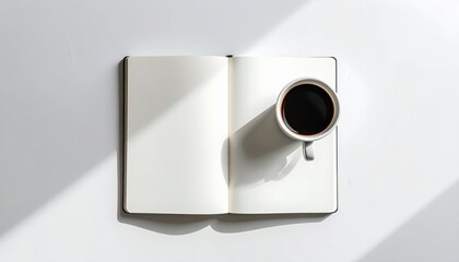 Morning coffee ritual home office flat lay bright natural light top view mindfulness and productivity