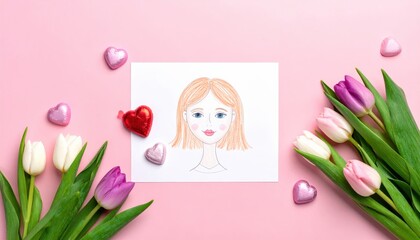 Artistic portrait of a girl with flowers and hearts on a pink background creative composition indoor aesthetic