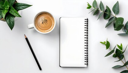 Morning coffee setup with notepad home office flat lay creative workspace minimalist aesthetic