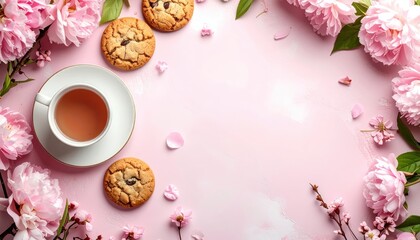 Delightful afternoon tea with cookies and peonies home setting food photography cozy environment aesthetic viewpoint
