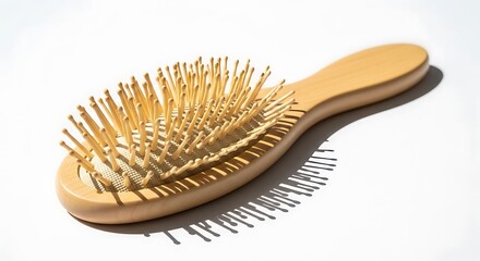 Wooden hair brush with rounded bristles casting a soft shadow on a white background, emphasizing its natural and ergonomic design