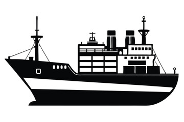 Obraz premium Striking Black and White Silhouette Depiction of a Cargo Ship with Prominent Stacks