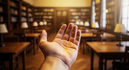 A Hand Reaching Out in a Quiet Library Setting