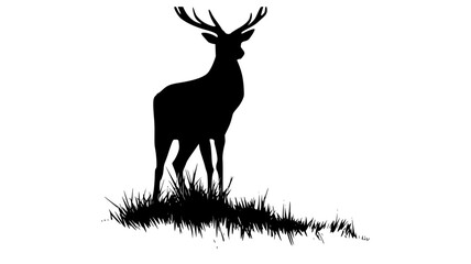 a silhouette of a deer standing on a grassy hillanimal, antler, black, deer, grass, grassy, illustration, moose, profile, reindeer, roe deer, stand, trumpet  © Guli Studio