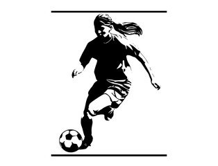 a black and white silhouette of a female soccer player kicking a ballball, black, football, football player, girl, kick, play, profile, sports ball, woman  © Guli Studio