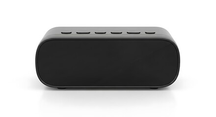 Compact portable black audio speaker with tactile buttons on top