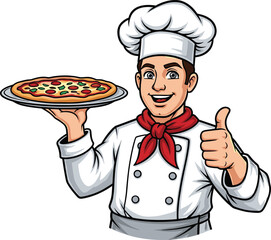 Cartoon chef holding pizza with thumbs up gesture, wearing white uniform, red neckerchief, tall hat, smiling character illustration, cad drawing flat vector illustration