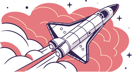 Naklejka premium Bold spaceship soars through cloudy cosmos, symbolizing innovation and a vibrant, futuristic vision for tech, space exploration, and exciting new beginnings