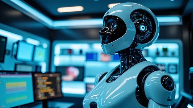 A futuristic humanoid robot stands in a high-tech laboratory, surrounded by glowing screens and advanced technology