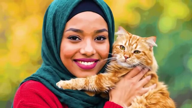 Woman in headscarf holding a ginger cat against an autumn backdrop