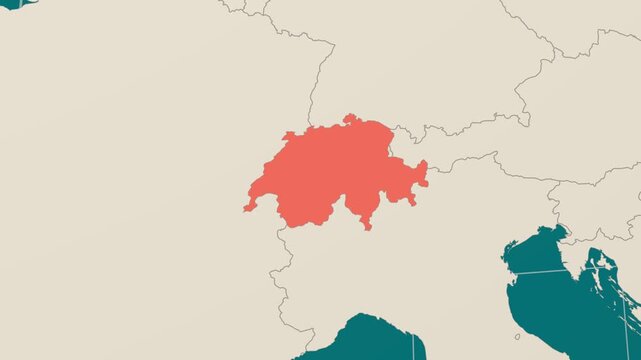 Switzerland map. Animated zoom into the country on the Globe in Teal Pale Mint color palette. Country logo animation. Map with meridians, parallels. Charming video.