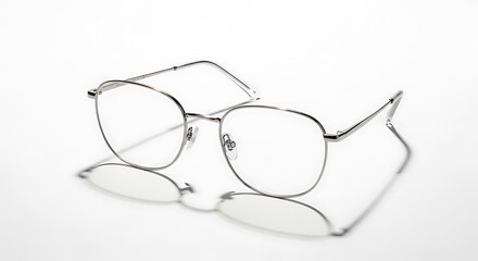 Stylish silver-framed eyeglasses with clear lenses, reflecting on a pristine white surface, showcasing modern optical design and elegant vision wear