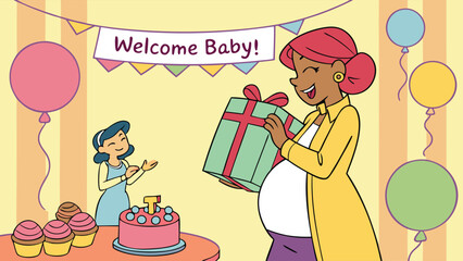Joyful pregnant woman receiving baby shower gift, surrounded by friends and festive decorations in a heartwarming celebration of new life
