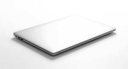 A modern, slim aluminum laptop shown closed and isolated on a white studio background. Concept of portable technology, work, and digital mobility