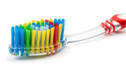 Close-up of a colorful toothbrush with vibrant bristles and a clear handle, highlighting dental hygiene and oral care products