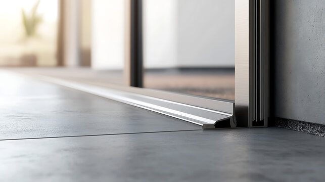 Modern architectural detail featuring a sleek, low-profile metal threshold seamlessly integrated into a minimalist interior with gray tiled flooring and blurred background.