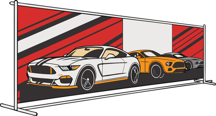 Dynamic car show backdrop featuring classic muscle cars and racing stripes, evoking speed, power, and automotive passion for events and marketing