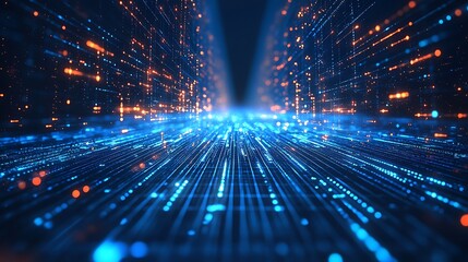 Digital Network, Blue Orange Data Flow, Abstract Technology Background, Futuristic Grid