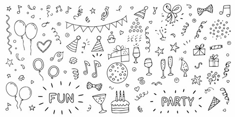Hand drawn doodle elements for birthday party celebration with cake balloons gifts and music notes © Kopil