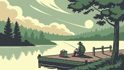 Peaceful lakeside escape for fishing enthusiasts, tranquil outdoor recreation with a fisherman on a dock, serene nature scene in calming green hues