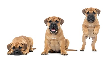 Obraz premium Three adorable Bullmastiff puppies posing playfully on a pristine white background.
