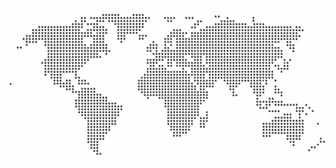 Stylized world map composed of numerous small dark dots on a white background