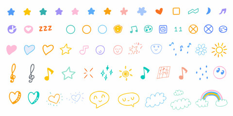 Collection of cute hand drawn doodle icons featuring stars hearts music notes sun clouds and faces