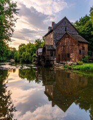 Obraz premium Historic water mill reflected in tranquil river at sunset