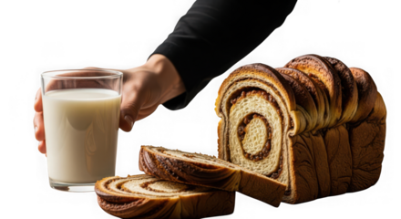 A hand holding a glass of milk next to a sliced loaf of cinnamon swirl bread on a transparent background, suggesting a breakfast or snack pairing