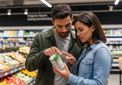 young couple carefully reads ingredients on food label while shopping together in grocery store. healthy lifestyle and conscious consumerism concept.