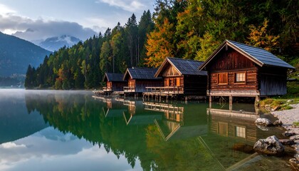 Fototapeta premium Wooden lake houses reflected in calm water, autumnal scenery