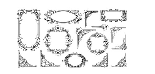 Ornate vintage frames and corner elements showcase elegant floral designs perfect for wedding invitations and decorative borders with a classic aesthetic