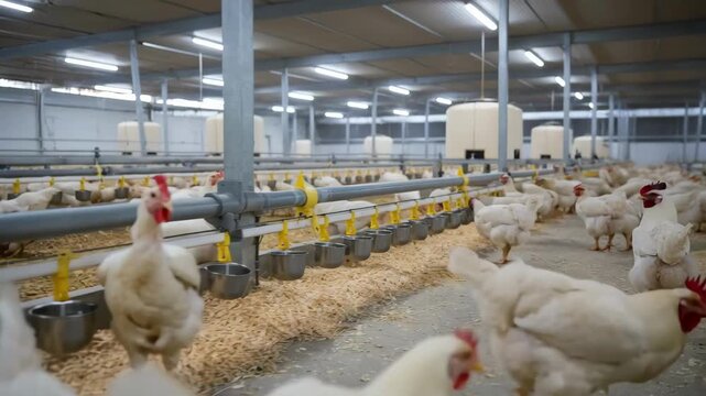 Medium shot of an automatic water refill system maintaining constant clean water availability for poultry emphasizing advanced farm hydration technology.