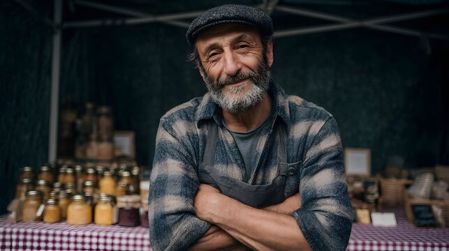Smiling older vendor stands proudly behind a table of local produce and artisanal goods at an outdoor market