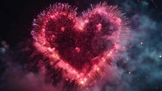 A mesmerizing display of fireworks forming a heart shape, emitting vibrant purple hues