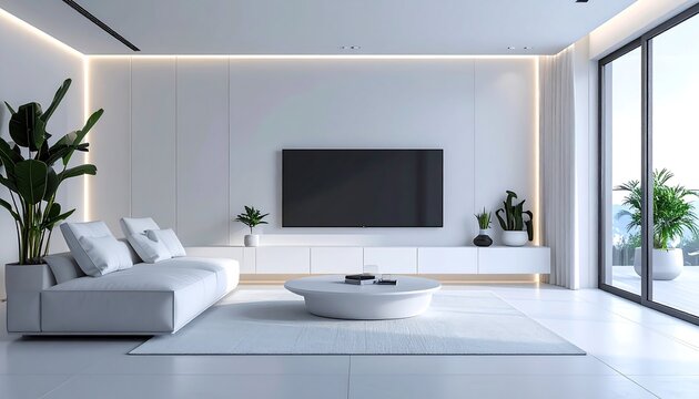 Modern white living room interior design with large window