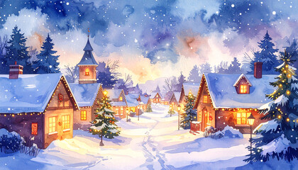 Naklejka premium Snowy Christmas village with glowing lights and decorated trees