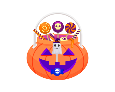 Pumpkin-shaped candy bucket with ghost and skull, filled with colorful Halloween treats. Great for spooky-themed content, party graphics, and seasonal artwork. - Powered by Adobe