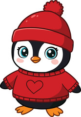 Cartoon penguin wearing red winter hat and sweater with heart design, cute animal character, holiday season theme, cad drawing flat vector illustration
