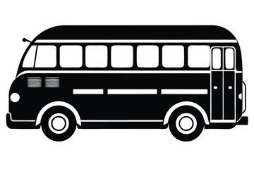Black Vintage Minibus Silhouette with Windows, Wheels, and Side Door Illustration