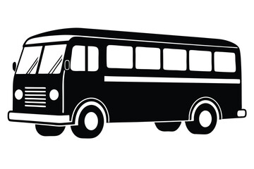 Black and White Illustration of a Vintage Bus with Multiple Windows and Circular Wheels