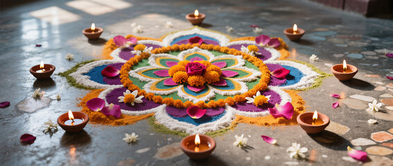 Fototapeta premium Diwali Flatlay Advertisement Terrazzo Floor Rangoli Designs Colored Powders Flower Petals Diyas Soft Natural Light Craftsmanship Vibrant Hues