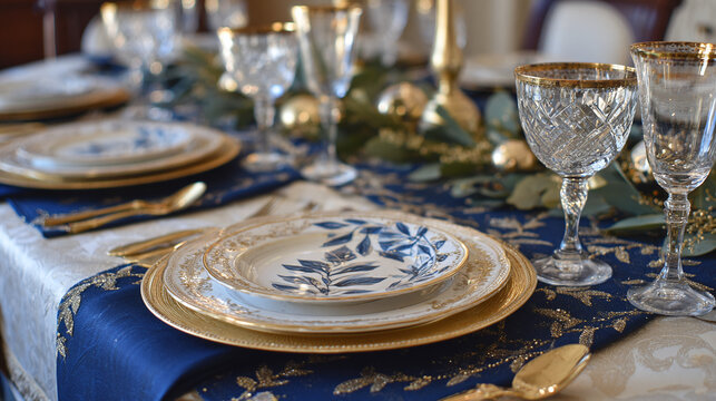 Elegant New Year's Eve Dinner Table Setting with Festive Navy and Gold Decor