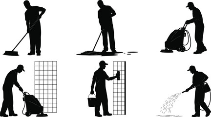 Cleaning workers janitorial staff silhouettes, sweeping floor, mopping surface, washing wall, spraying water, floor machine operator, sanitation hygiene, cad drawing flat vector illustration
